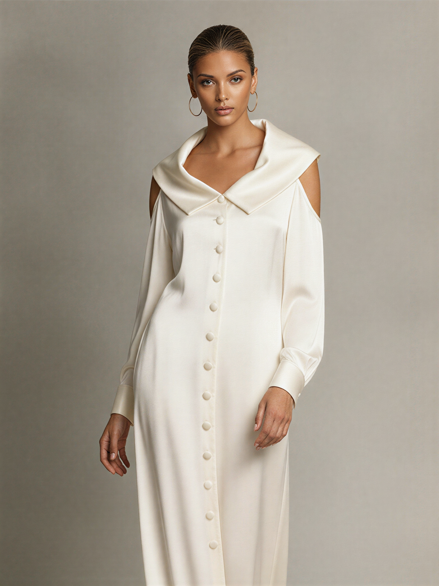 Women's Ivory Silky Satin Shirt Gown With Oversized Lapel Collar & Shoulder Cutout Detail, Minimalist Luxury Elegant Evening Gown MDZ2367F6LYL