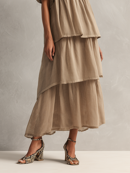 Women's Minimalist Linen-Blend Short-Sleeve Maxi Dress With Tiered Hem MDZ2371F5WY