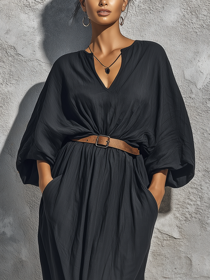 Women’s Black Linen V-Neck Batwing Puff Sleeve Belted Loose Maxi Kaftan Dress With Side Pockets MDZ2306F5T
