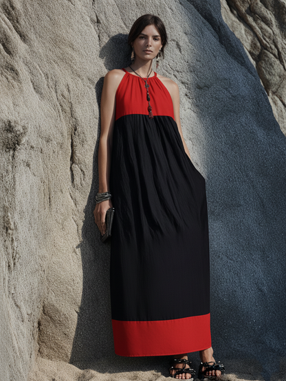 Women'S Casual Style Red And Black Spliced Cotton Blend Halter Loose Maxi Dress MDZ2322F9GMJ