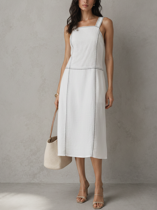 Women's Minimal Commuter Style Pure White Linen-Cotton Contrast Stitch Square Straight Midi Dress MDZ2384F9GMJ
