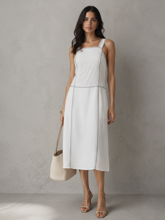 Women's Minimal Commuter Style Pure White Linen-Cotton Contrast Stitch Square Straight Midi Dress MDZ2384F9GMJ