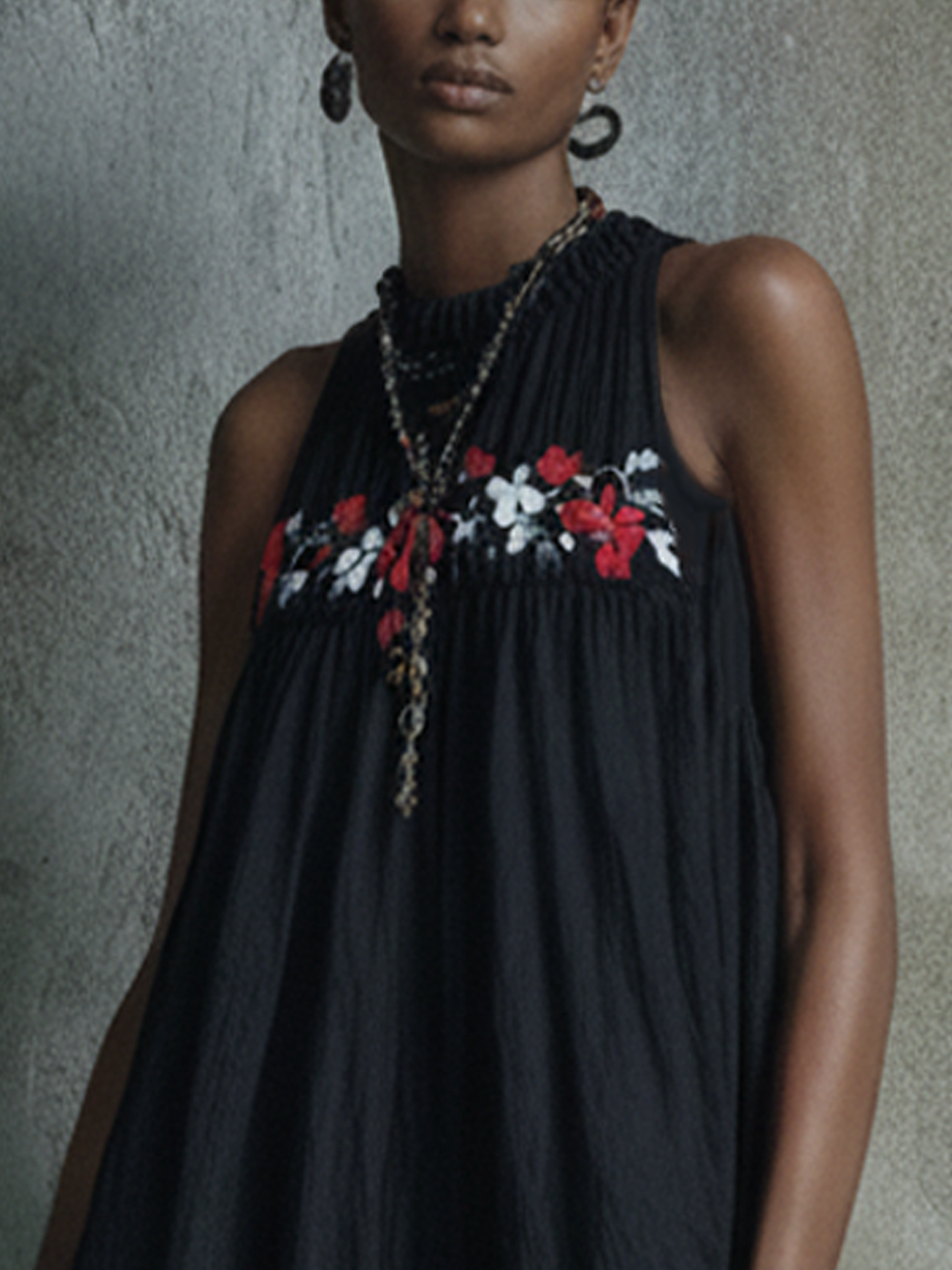 Women's Bohemian Retro Style Black Linen-Cotton Floral Embroidery Sleeveless Loose Mini Dress MDZ2319F5GMJ