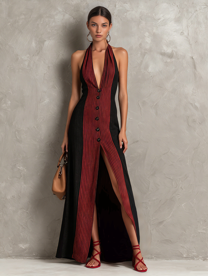 Women's Casual Red And Black Cotton-Linen V-Neck Sleeveless Maxi Dress MDZ2463F1LXY