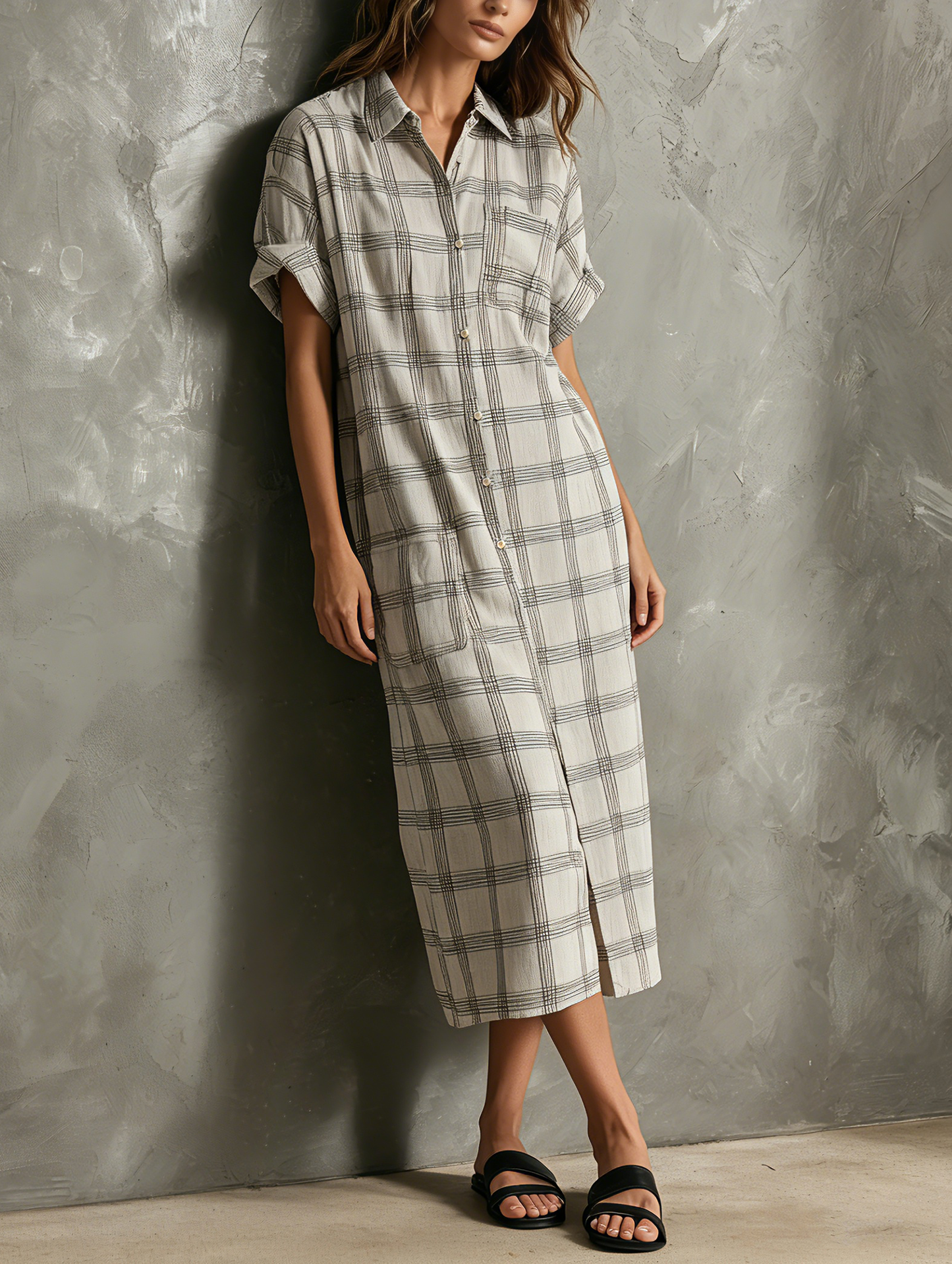 Women's Casual Light Gray Plaid Cotton-Linen Short-Sleeve Shirt Maxi Dress MDZ2466F9LXY