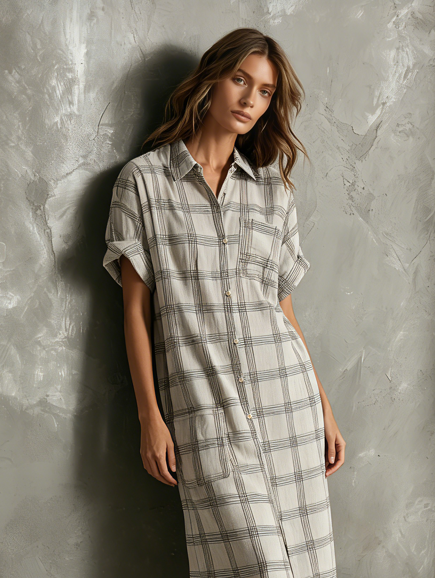 Women's Casual Light Gray Plaid Cotton-Linen Short-Sleeve Shirt Maxi Dress MDZ2466F9LXY