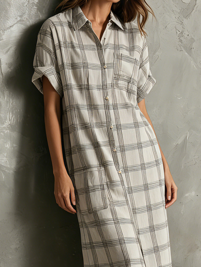 Women's Casual Light Gray Plaid Cotton-Linen Short-Sleeve Shirt Maxi Dress MDZ2466F9LXY