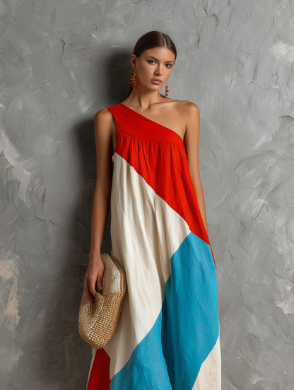 Women's Casual Red, White, And Blue Color-Block Cotton-Linen One-Shoulder Sleeveless Maxi Dress MDZ2474F7LXY