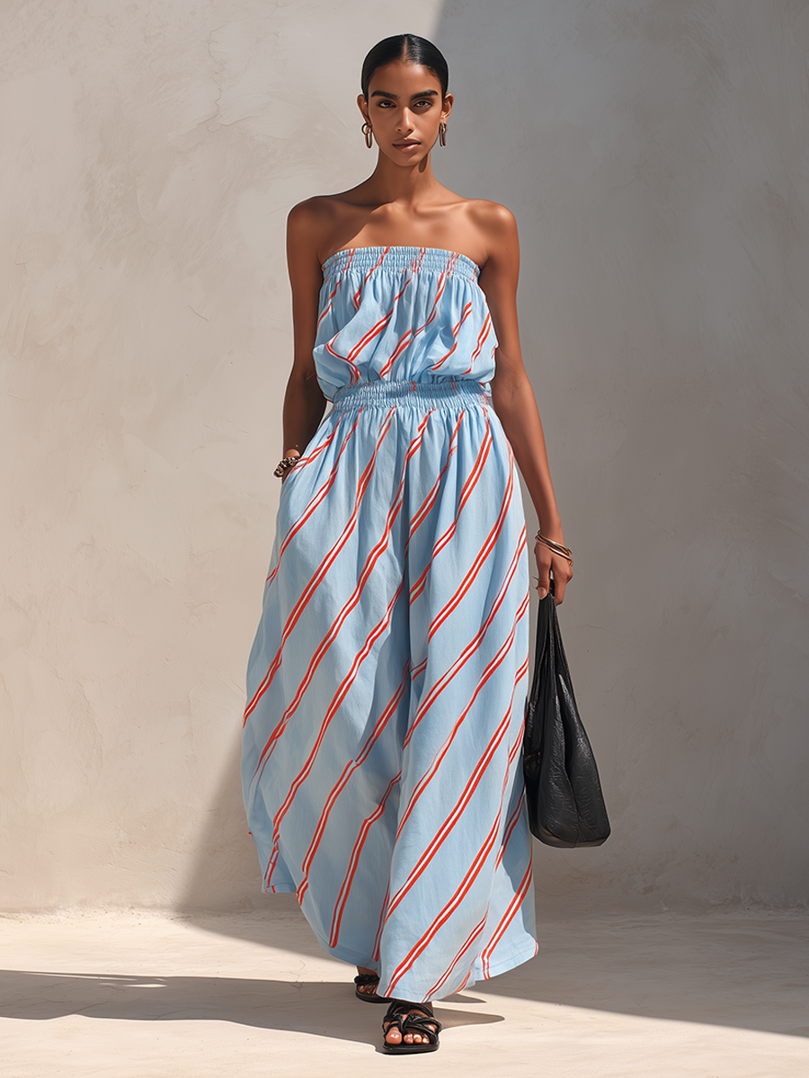 Women's Minimalist Blue & Red Diagonal Stripe Strapless Maxi Dress MDZ2480F6ZRK