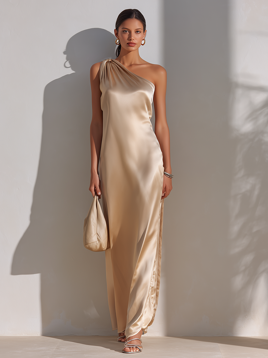 Women's Minimalist One-Shoulder Champagne Satin Maxi Dress MDZ2472F8ZRK