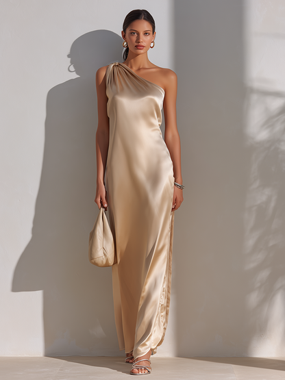 Women's Minimalist One-Shoulder Champagne Satin Maxi Dress MDZ2472F8ZRK