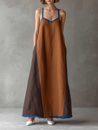 Women's Minimalist Linen-Blend Color-Block Maxi Dress With Spaghetti Straps And Raw Hem MDZ2310F1WY