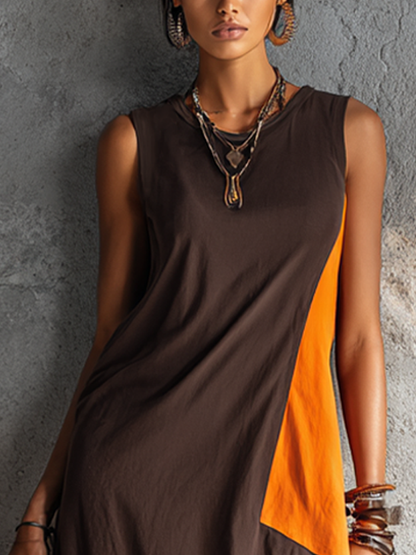 Women's Casual Style Dark Brown And Bright Orange Color-Blocked Cotton Blend Sleeveless Irregular Patchwork Long Dress MDZ2419F3GMJ