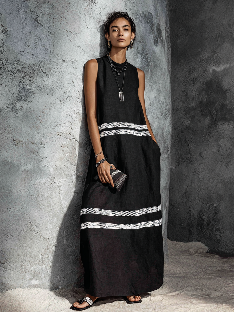 Women's Minimalist Black Cotton Linen And White Lace Sleeveless Long Dress MDZ2461F4GMJ