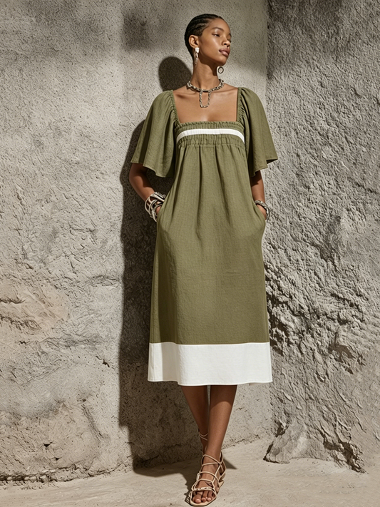 Women's Casual Military Green And Off-White Color-Blocked Cotton And Linen Square Neck Elastic Pleated Midi Dress MDZ2445F3GMJ