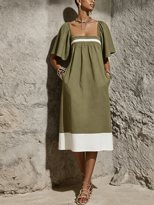 Women's Casual Military Green And Off-White Color-Blocked Cotton And Linen Square Neck Elastic Pleated Midi Dress MDZ2445F3GMJ