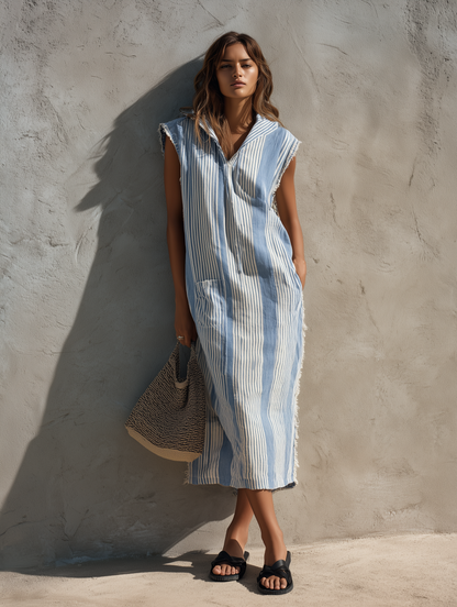 Women's Casual Blue And White Striped Woven Sleeveless Hooded Maxi Dress MDZ2585F1LXY