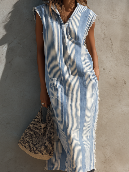 Women's Casual Blue And White Striped Woven Sleeveless Hooded Maxi Dress MDZ2585F1LXY