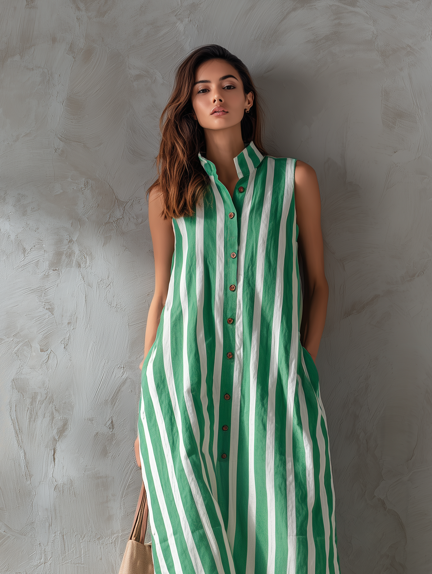 Women's Casual Sleeveless Maxi Dress With A White And Green Striped Woven Print MDZ2536F2LXY