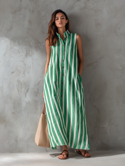 Women's Casual Sleeveless Maxi Dress With A White And Green Striped Woven Print MDZ2536F2LXY