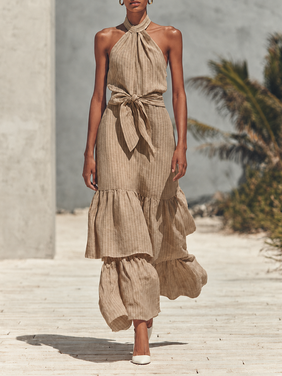 Women's Minimalist Khaki Vertical-Stripe Halter Maxi Dress MDZ2626F0ZRK