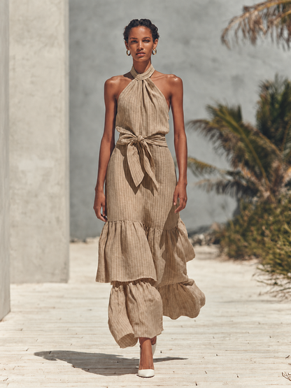 Women's Minimalist Khaki Vertical-Stripe Halter Maxi Dress MDZ2626F0ZRK