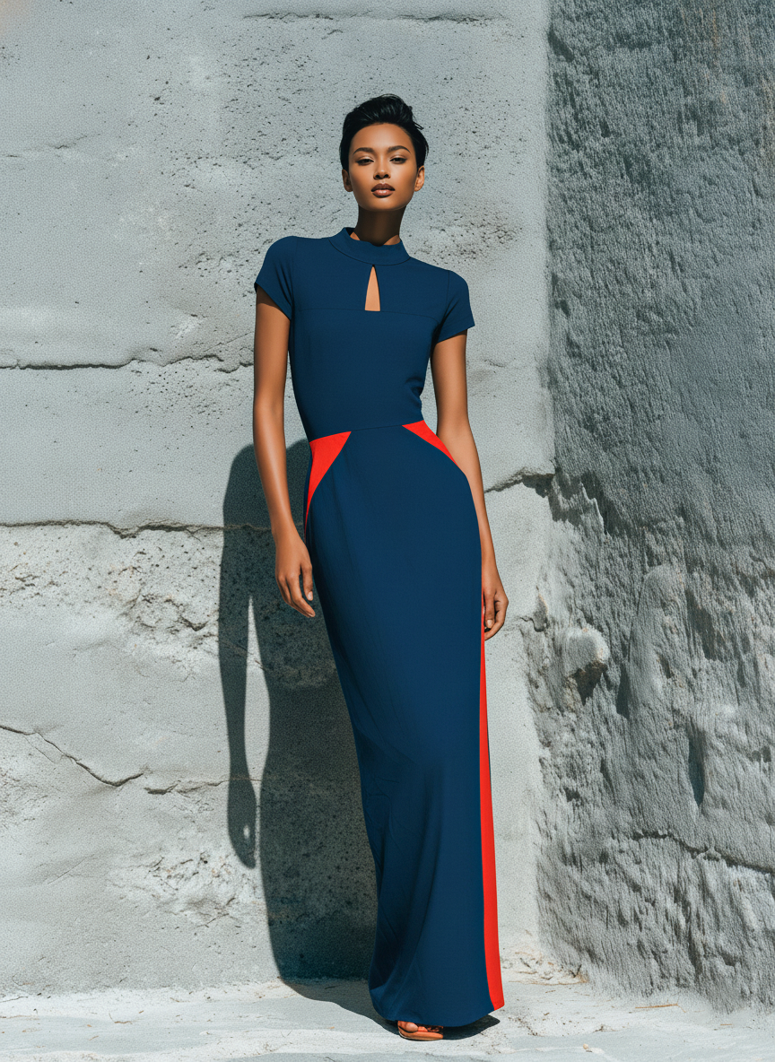 Women’s Navy Color Block Red Contrast High Neck Keyhole Short Sleeve Bodycon Maxi Dress MDZ2661F8T