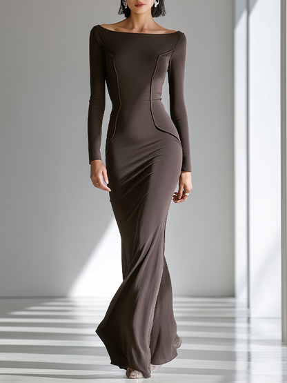 Women's Chocolate Brown Figure-Hugging Jersey Gown With Wide Boat Neck & Vertical Contour Seams, Contemporary Versatile Cocktail Floor Length Dress MDZ2653F0LYL