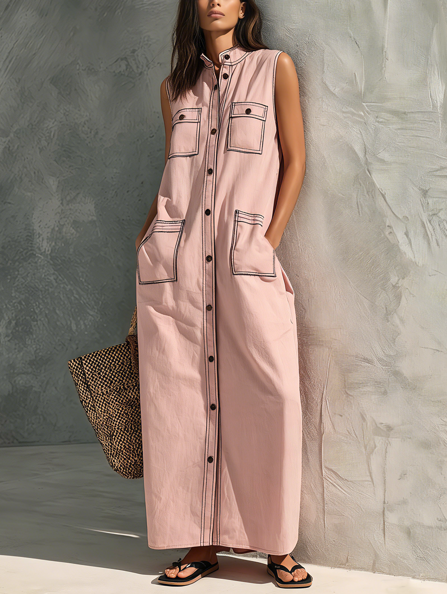 Women's Casual Pink Woven Sleeveless Maxi Dress MDZ2631F2LXY