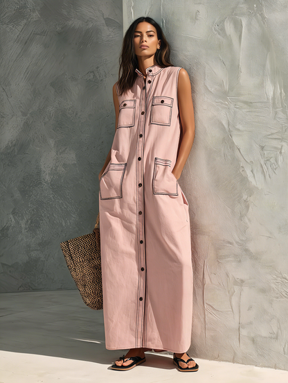 Women's Casual Pink Woven Sleeveless Maxi Dress MDZ2631F2LXY