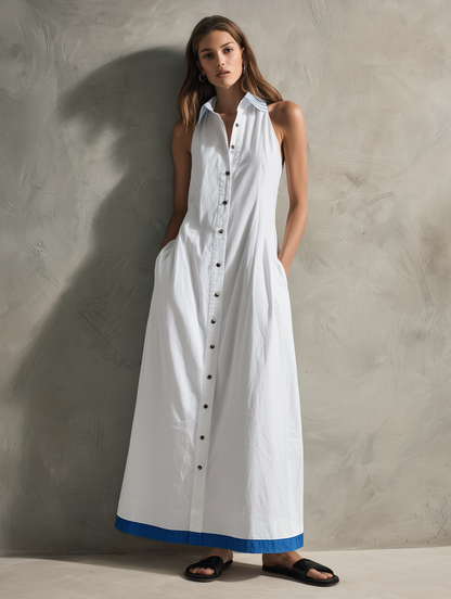 Women's Casual White Woven Sleeveless Collared Maxi Dress MDZ2619F4LXY