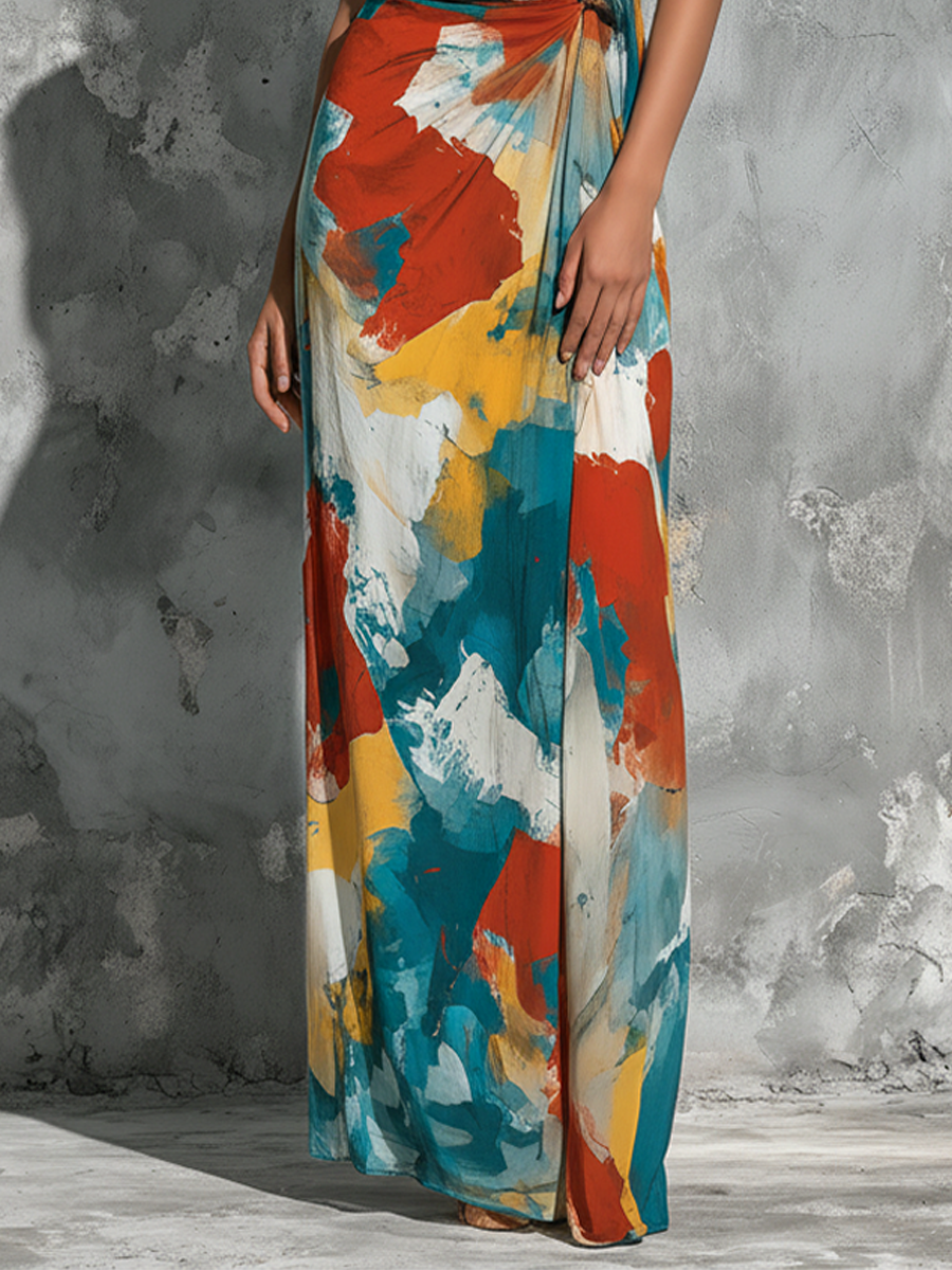 Women’s Abstract Oil Painting Print Round Neck Sleeveless Self Waist Flowy Maxi Dress MDZ2647F9T