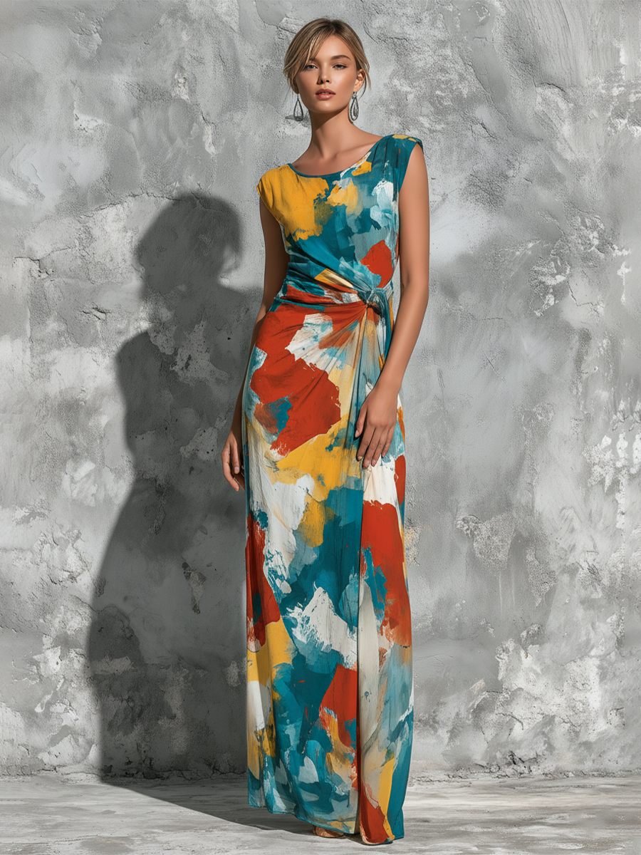 Women’s Abstract Oil Painting Print Round Neck Sleeveless Self Waist Flowy Maxi Dress MDZ2647F9T
