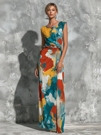 Women’s Abstract Oil Painting Print Round Neck Sleeveless Self Waist Flowy Maxi Dress MDZ2647F9T