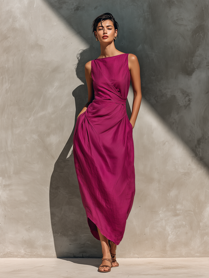 Women’s Fuchsia Linen Sleeveless Boat Neck Cross Asymmetric Hem Midi Dress With Side Pockets MDZ2967F5T