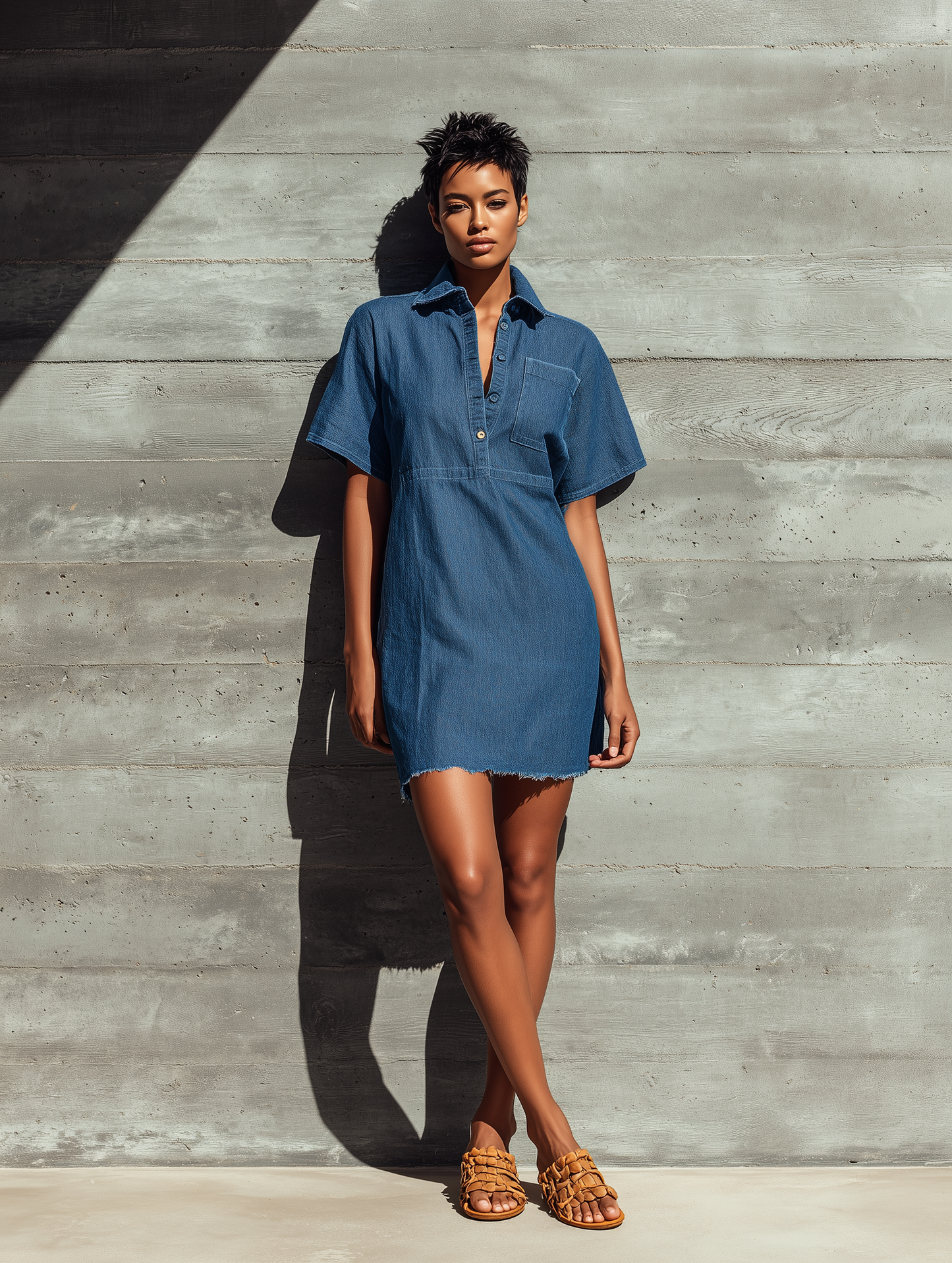 Women’s Vintage Blue Denim Collar Half Button Down Pocket Loose Frayed Hem Mini Shirt Dress MDZ2952F4T