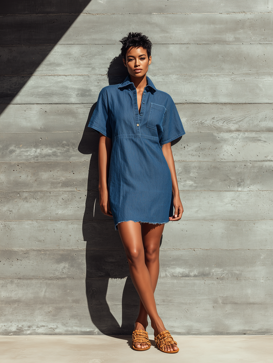 Women’s Vintage Blue Denim Collar Half Button Down Pocket Loose Frayed Hem Mini Shirt Dress MDZ2952F4T