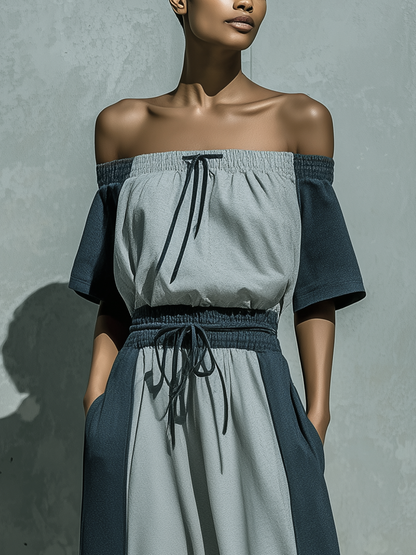 Women’s Two Tone Grey Off The Shoulder Short Sleeve Drawstring Waist Color Block Loose Maxi Dress With Side Pockets MDZ2924F0T
