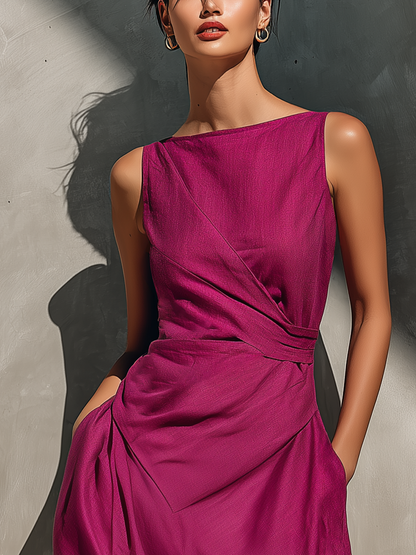 Women’s Fuchsia Linen Sleeveless Boat Neck Cross Asymmetric Hem Midi Dress With Side Pockets MDZ2967F5T