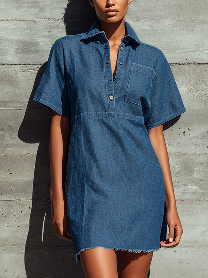 Women’s Vintage Blue Denim Collar Half Button Down Pocket Loose Frayed Hem Mini Shirt Dress MDZ2952F4T