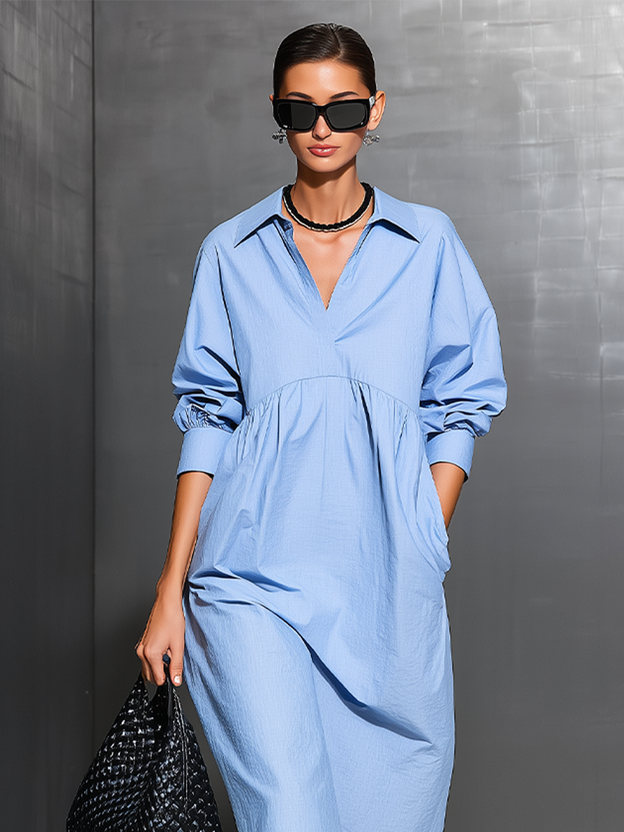Women's Light Blue Cotton-Blend Oversized Dress With Puffed Cuff Long Sleeves & Side Pockets, Modern Effortless-Chic Daily Shirt Dress MDZ3027F3LYL
