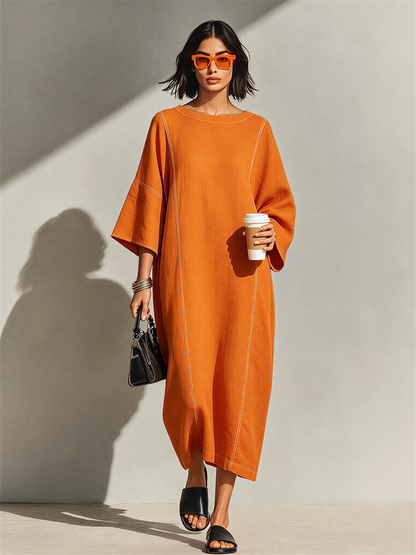 Women's Burnt Orange Linen Blend Maxi Dress With Contrast White Topstitch Seams & Dolman Three Quarter Sleeves, Minimalist Loose Loungewear Maxi Dress MDZ3035F1LYL
