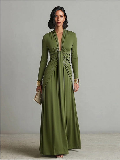 Women's Olive Silky Stretchy Dress With Deep V-Neck & Ruched Detail, Glamorous Maxi Dress MDA0509L8I