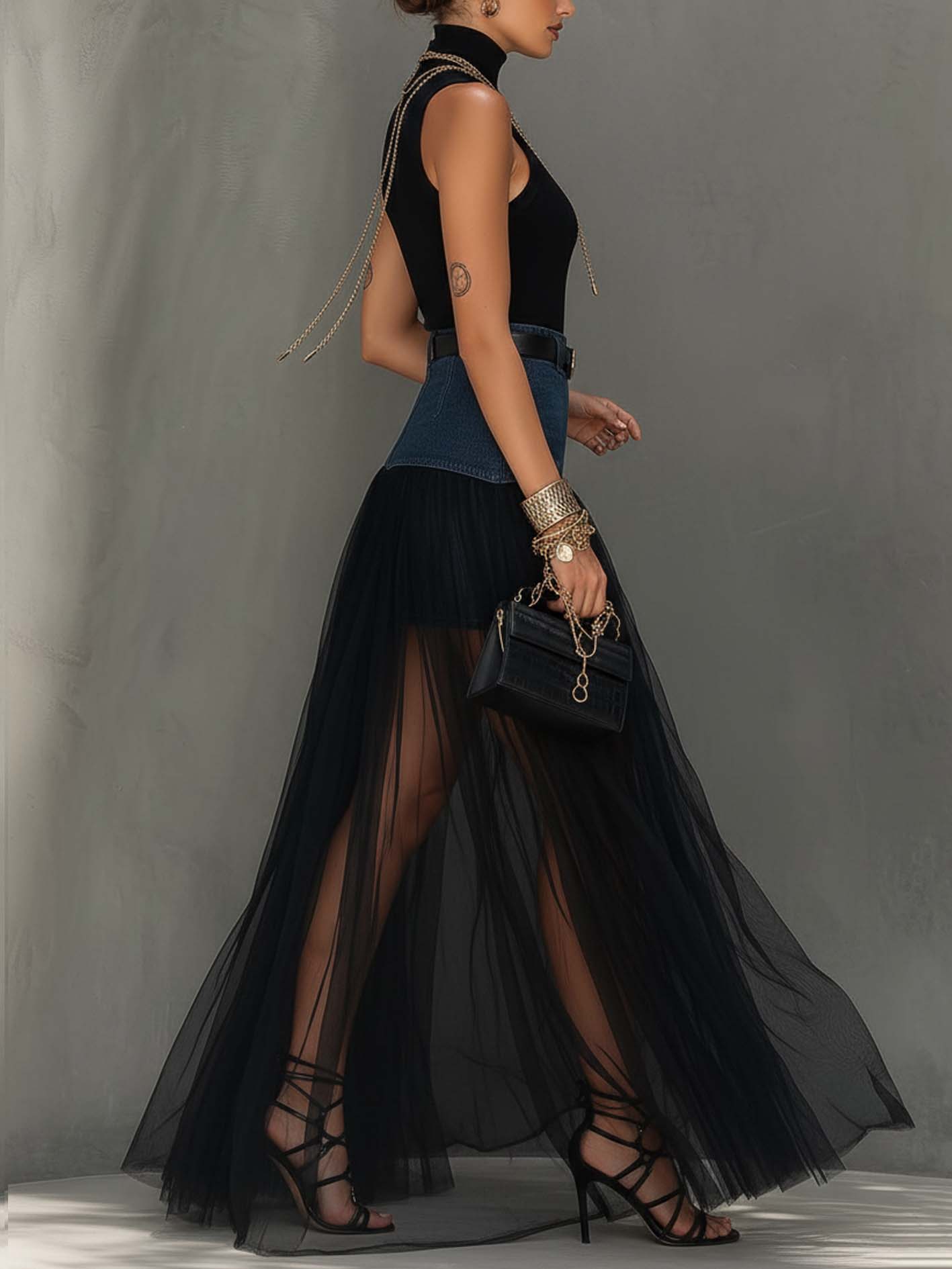 Black Denim Patchwork T-Shirt And Mesh Maxi Skirt Set With Side Slit