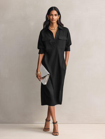 Women's Elegant Black Cotton-linen Blend Shirt Collar Short-sleeved Midi Dress MDZ0455C2AN