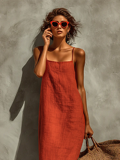 Women's Red Cotton Dress With Spaghetti Straps & Square Neck, Timeless Boho-Resort Style Dress MDZ0924C3I