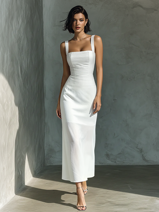 Women's Simple White Cotton And Linen Blend Sleeveless Midi Dress MDZ1204A3BA