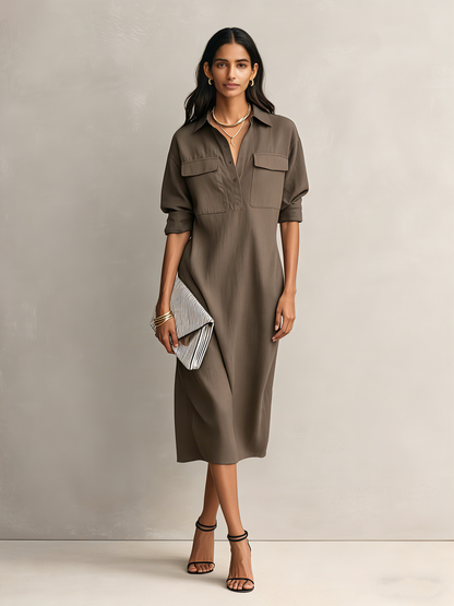 Women's Elegant Black Cotton-linen Blend Shirt Collar Short-sleeved Midi Dress MDZ0455C2AN