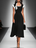 Women's Colorblock Square Neck Cap Shoulder Sleeve Waist Midi Dress MDA2447F4Y