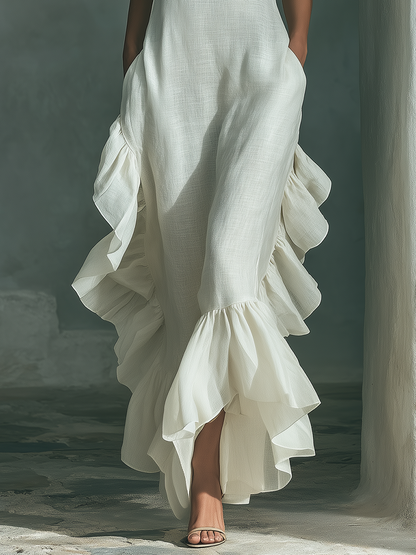 Women's Ivory Linen Fabric Sleeveless Maxi Dress With Round Neck & Ruffle Hem MDZ0973B9T